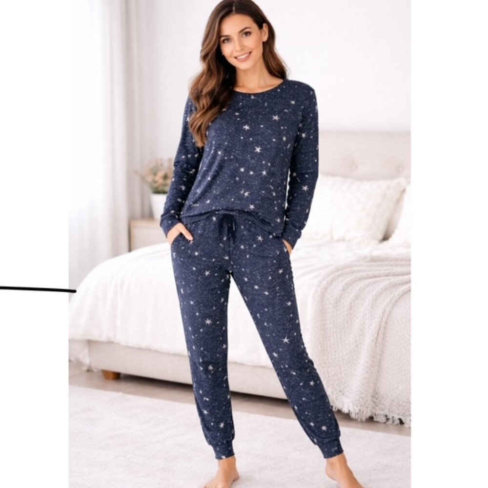 Jaclyn Intimates XL Cozy Long Sleeve Cozy Star Print Slate Grey Pajama Set EUC